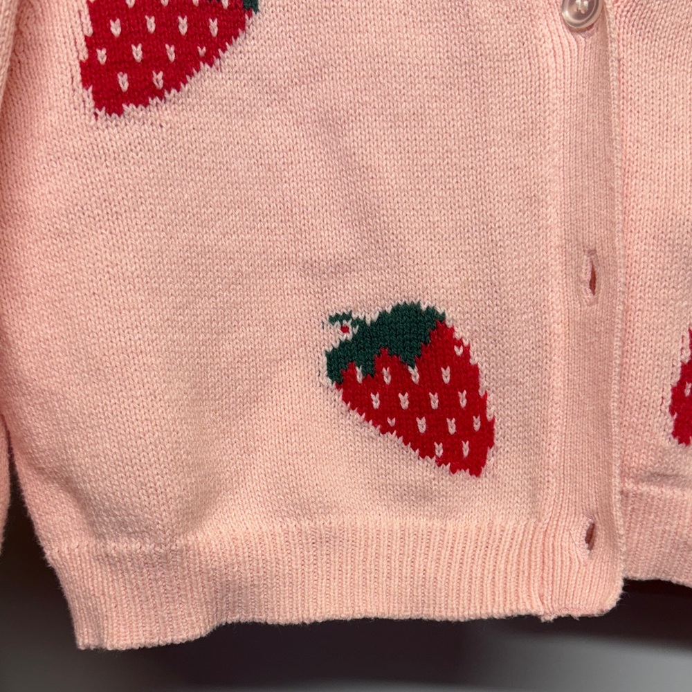 Y2K Inspired Strawberry Print Cotton Knit Crop Button Kawaii Coquette Cardigan - Picture 5 of 7